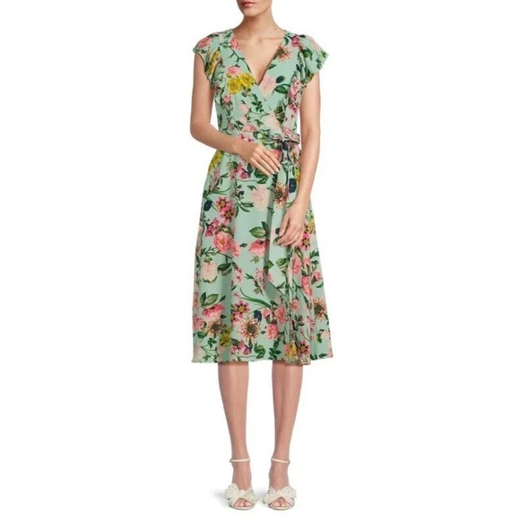 NEW Eliza J Floral Midi Dress Faux Wrap Flutter Sleeve Women's Mint Green  Size 2
